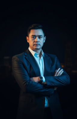 A cinematic portrayal of a confident CEO in a sleek suit, standing with arms crossed and exuding power and authority