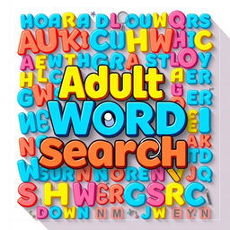 A creative and engaging cover design for an adult word search book, featuring a vibrant and colorful layout filled with a variety of interconnected letters forming words