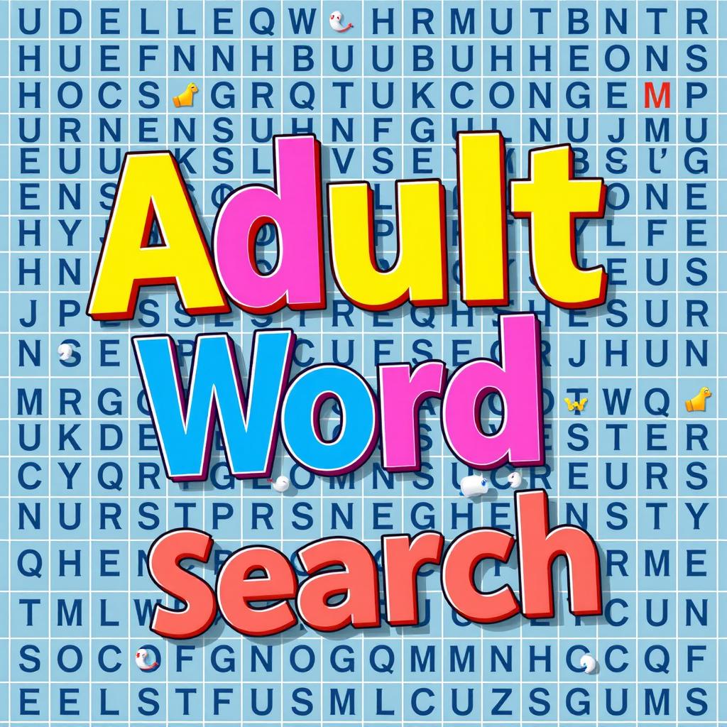A creative and engaging cover design for an adult word search book, featuring a vibrant and colorful layout filled with a variety of interconnected letters forming words