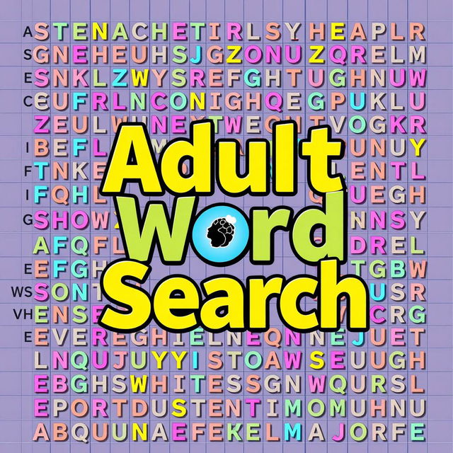 A creative and engaging cover design for an adult word search book, featuring a vibrant and colorful layout filled with a variety of interconnected letters forming words