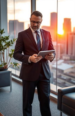 A confident CEO in a modern office, dressed in a tailored suit, standing by a large glass window with a city skyline view