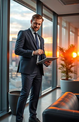 A confident CEO in a modern office, dressed in a tailored suit, standing by a large glass window with a city skyline view