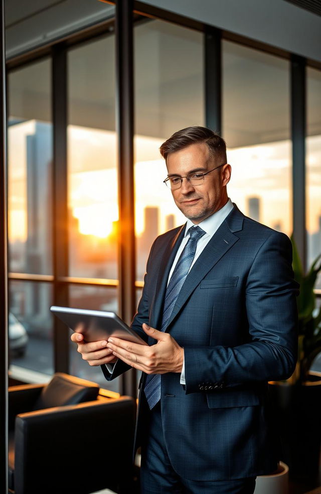 A confident CEO in a modern office, dressed in a tailored suit, standing by a large glass window with a city skyline view