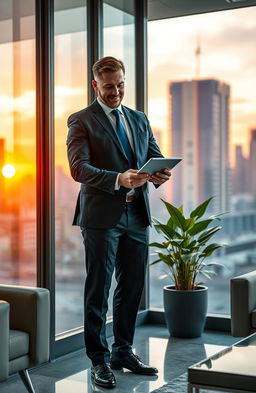 A confident CEO in a modern office, dressed in a tailored suit, standing by a large glass window with a city skyline view