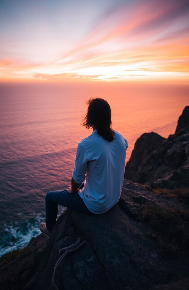 A solitary man sitting on a rocky cliff, gazing out over a vast ocean at sunset