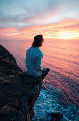 A solitary man sitting on a rocky cliff, gazing out over a vast ocean at sunset