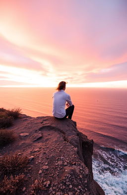 A solitary man sitting on a rocky cliff, gazing out over a vast ocean at sunset