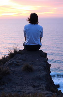 A solitary man sitting on a rocky cliff, gazing out over a vast ocean at sunset
