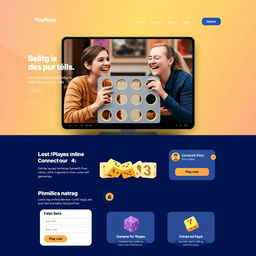 A detailed homepage design for a multiplayer online 'Connect Four' game titled 'PlayRelay'
