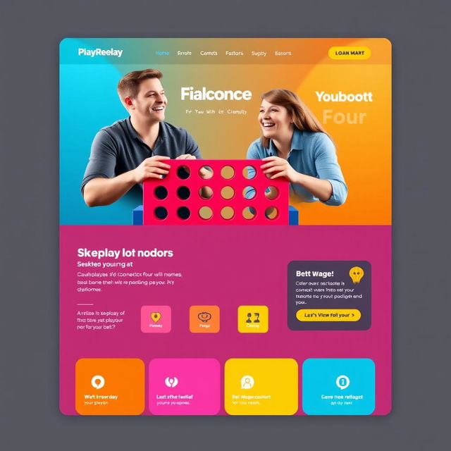 A detailed homepage design for a multiplayer online 'Connect Four' game titled 'PlayRelay'