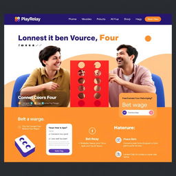 A detailed homepage design for a multiplayer online 'Connect Four' game titled 'PlayRelay'