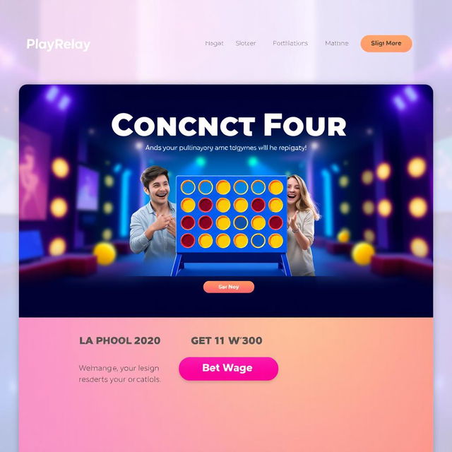 A vibrant and engaging homepage design for a multiplayer online game called 'PlayRelay', featuring a prominent 'Connect Four' game interface at the center