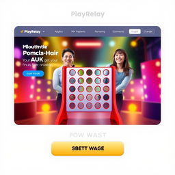 A vibrant and engaging homepage design for a multiplayer online game called 'PlayRelay', featuring a prominent 'Connect Four' game interface at the center