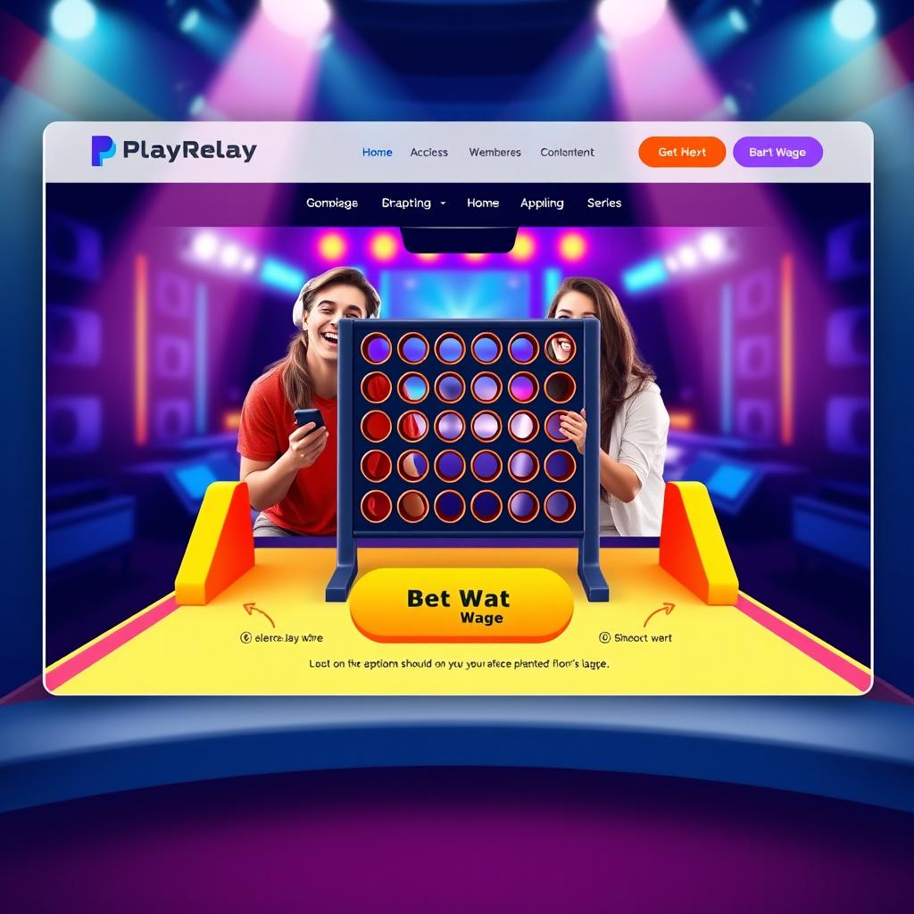 A vibrant and engaging homepage design for a multiplayer online game called 'PlayRelay', featuring a prominent 'Connect Four' game interface at the center