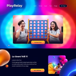 A vibrant and engaging homepage design for a multiplayer online game called 'PlayRelay', featuring a prominent 'Connect Four' game interface at the center