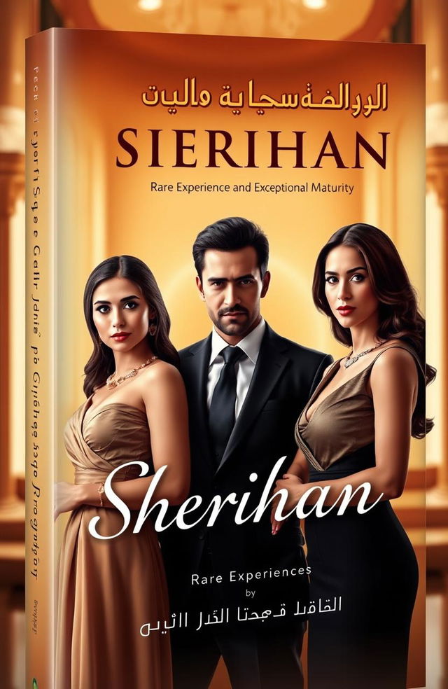 A captivating book cover design featuring two elegant women and a charismatic businessman, embodying themes of sacrifice and love in the context of protecting Sherihan