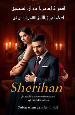 A captivating book cover design featuring two elegant women and a charismatic businessman, embodying themes of sacrifice and love in the context of protecting Sherihan