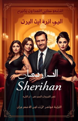 A captivating book cover design featuring two elegant women and a charismatic businessman, embodying themes of sacrifice and love in the context of protecting Sherihan