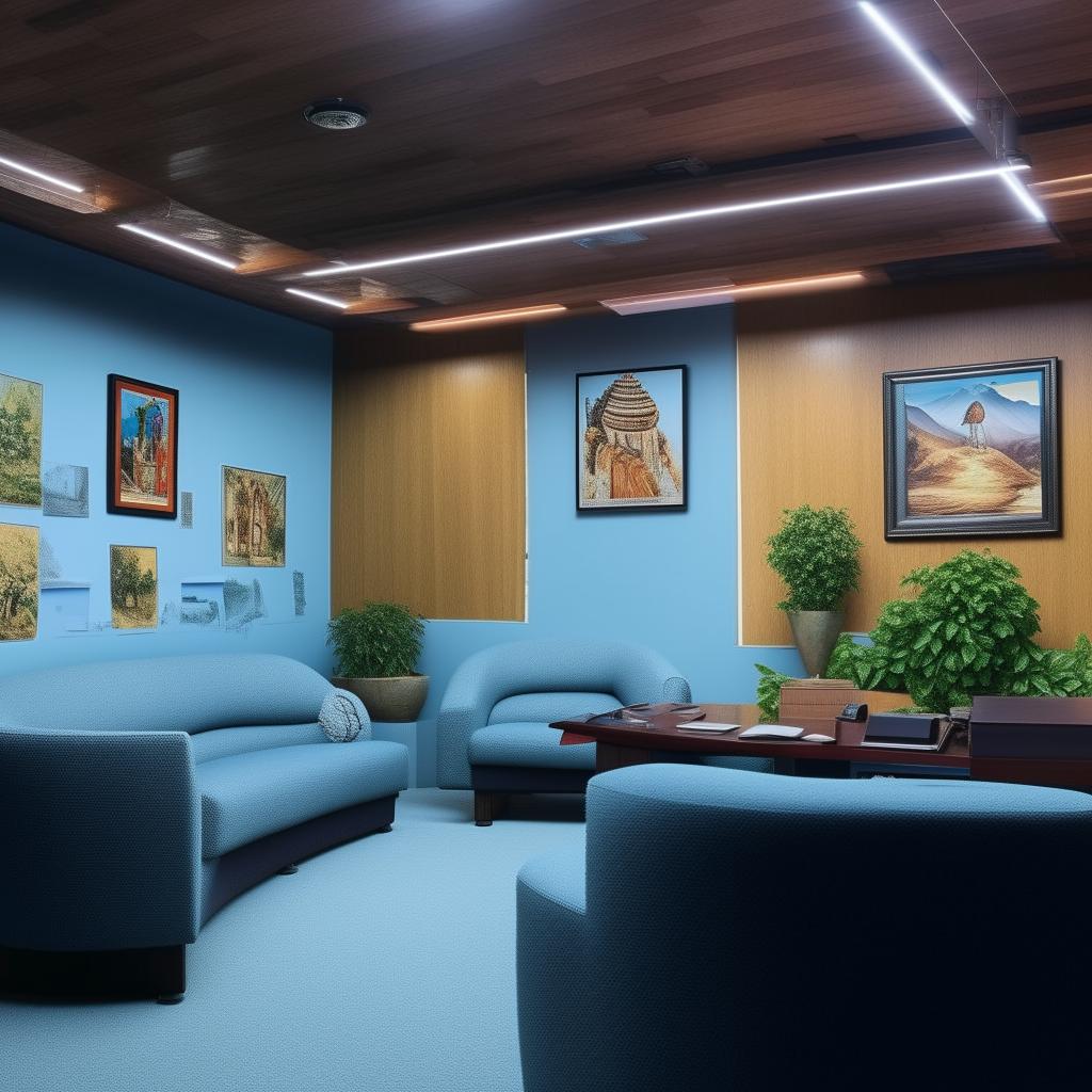 Modify the chief's office with a Nepali theme to have more wall pictures and the chief's chair facing forward. Remove unnecessary chairs and include a sofa setup suitable for small conferences. Maintain the light blue color scheme with its various tints and tones.