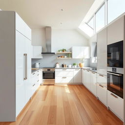 A modern kitchen featuring a fresh, linear design reminiscent of Scandinavian style