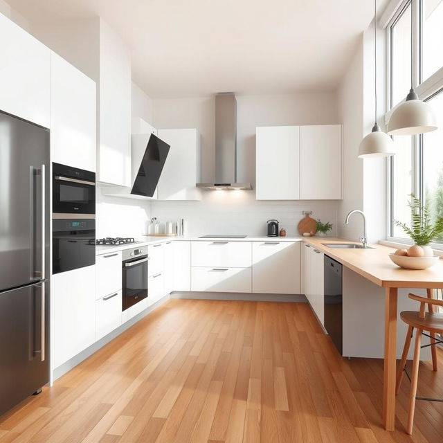 A modern kitchen featuring a fresh, linear design reminiscent of Scandinavian style