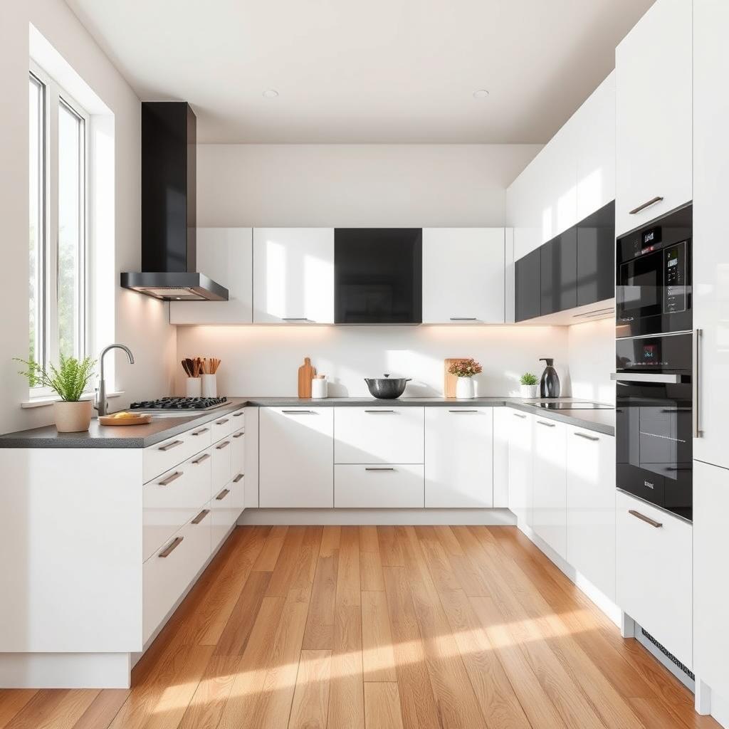 A modern kitchen featuring a fresh, linear design reminiscent of Scandinavian style
