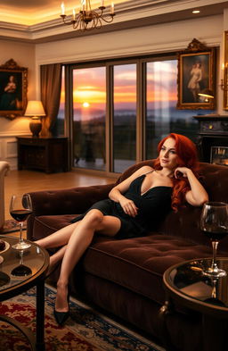 A beautiful redhead woman lounging on a plush velvet couch in a luxurious living room