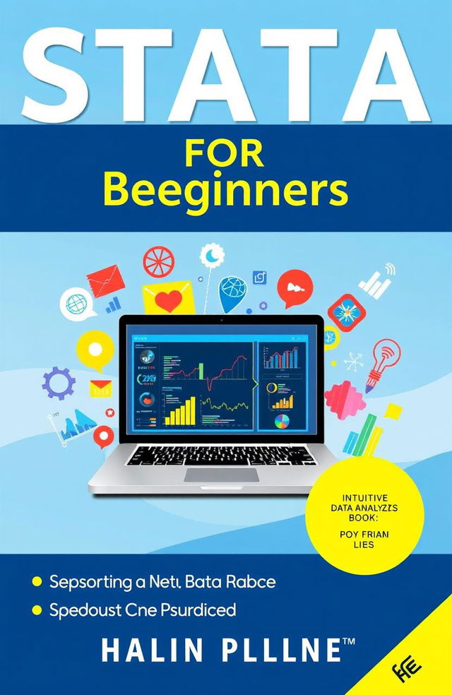 A visually engaging book cover for 'Stata for Beginners', featuring an educational theme