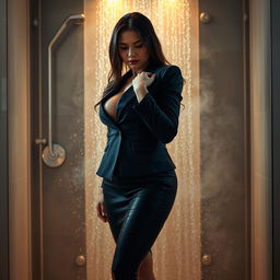 A voluptuous young woman standing in a shower, wearing a tailored business suit, completely soaked with water glistening on her skin and fabric