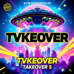 A vibrant and eye-catching promotional flyer design for 'TVKEOVER' TakeOver #5, a rave and club event
