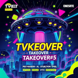 A vibrant and eye-catching promotional flyer design for 'TVKEOVER' TakeOver #5, a rave and club event