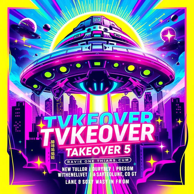 A vibrant and eye-catching promotional flyer design for 'TVKEOVER' TakeOver #5, a rave and club event