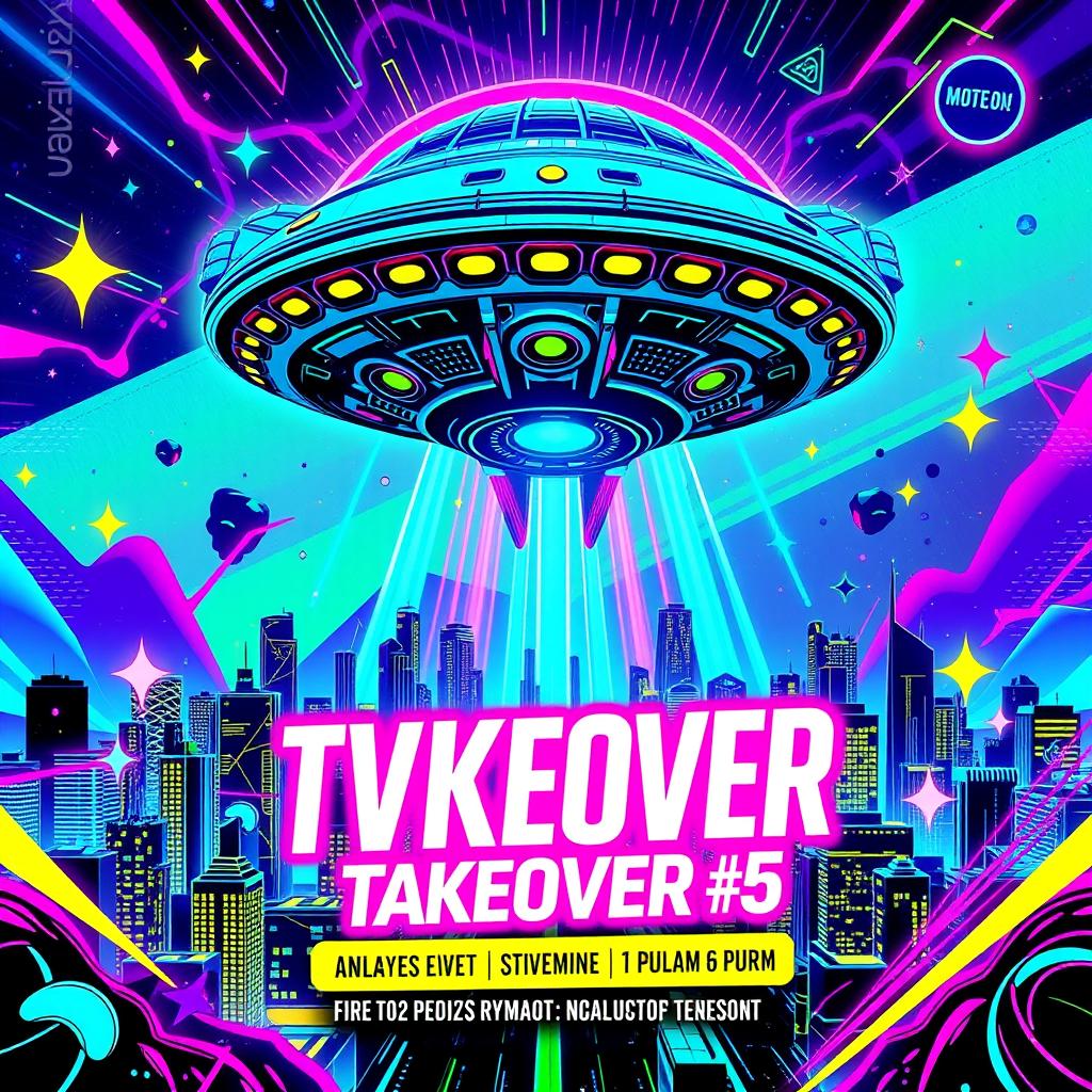 A vibrant and eye-catching promotional flyer design for 'TVKEOVER' TakeOver #5, a rave and club event