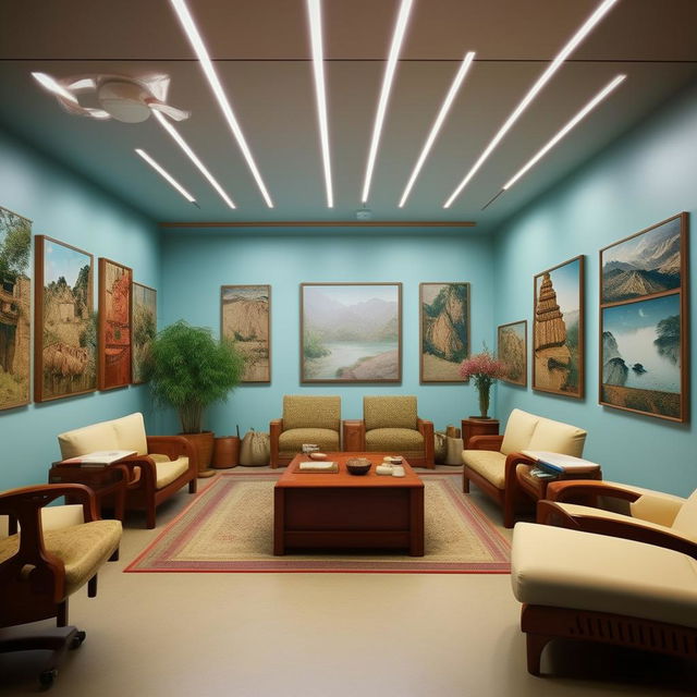 Modify the chief's office with a Nepali theme to have more wall pictures and the chief's chair facing forward. Remove unnecessary chairs and include a sofa setup suitable for small conferences. Maintain the light blue color scheme with its various tints and tones.