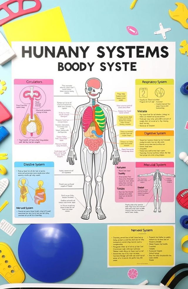A colorful infographic depicting the human body systems including the circulatory system, respiratory system, digestive system, skeletal system, muscular system, and nervous system