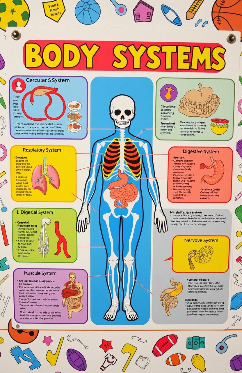 A colorful infographic depicting the human body systems including the circulatory system, respiratory system, digestive system, skeletal system, muscular system, and nervous system