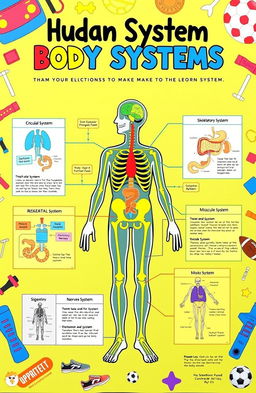 A colorful infographic depicting the human body systems including the circulatory system, respiratory system, digestive system, skeletal system, muscular system, and nervous system