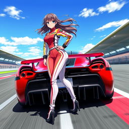 An anime girl in a dynamic racing pose, wearing a sleek, stylish race car outfit with vivid colors and intricate details, showcasing various racing logos