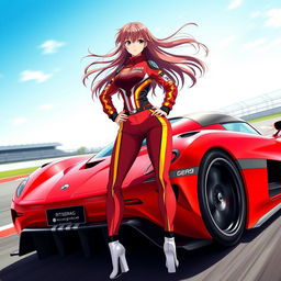 An anime girl in a dynamic racing pose, wearing a sleek, stylish race car outfit with vivid colors and intricate details, showcasing various racing logos