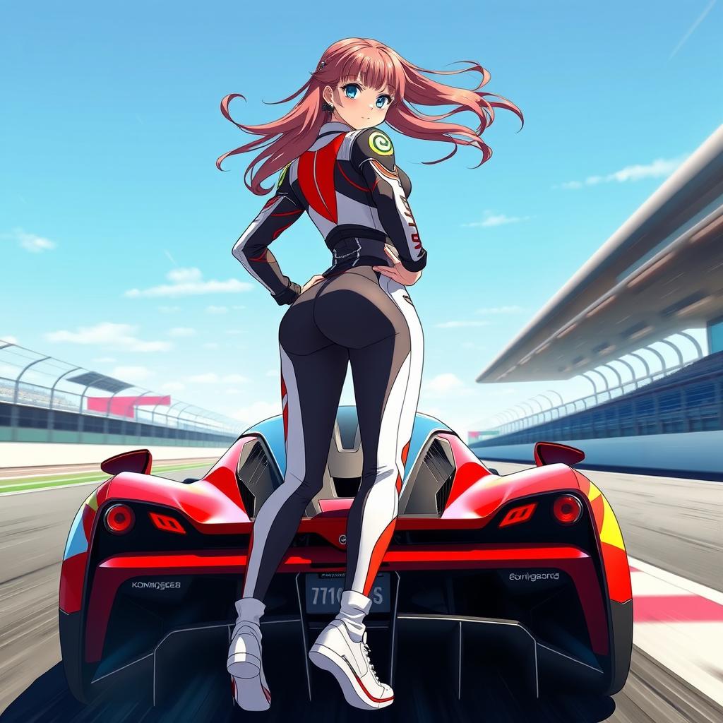 An anime girl in a dynamic racing pose, wearing a sleek, stylish race car outfit with vivid colors and intricate details, showcasing various racing logos