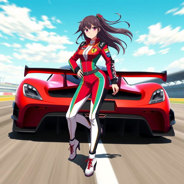 An anime girl in a dynamic racing pose, wearing a sleek, stylish race car outfit with vivid colors and intricate details, showcasing various racing logos