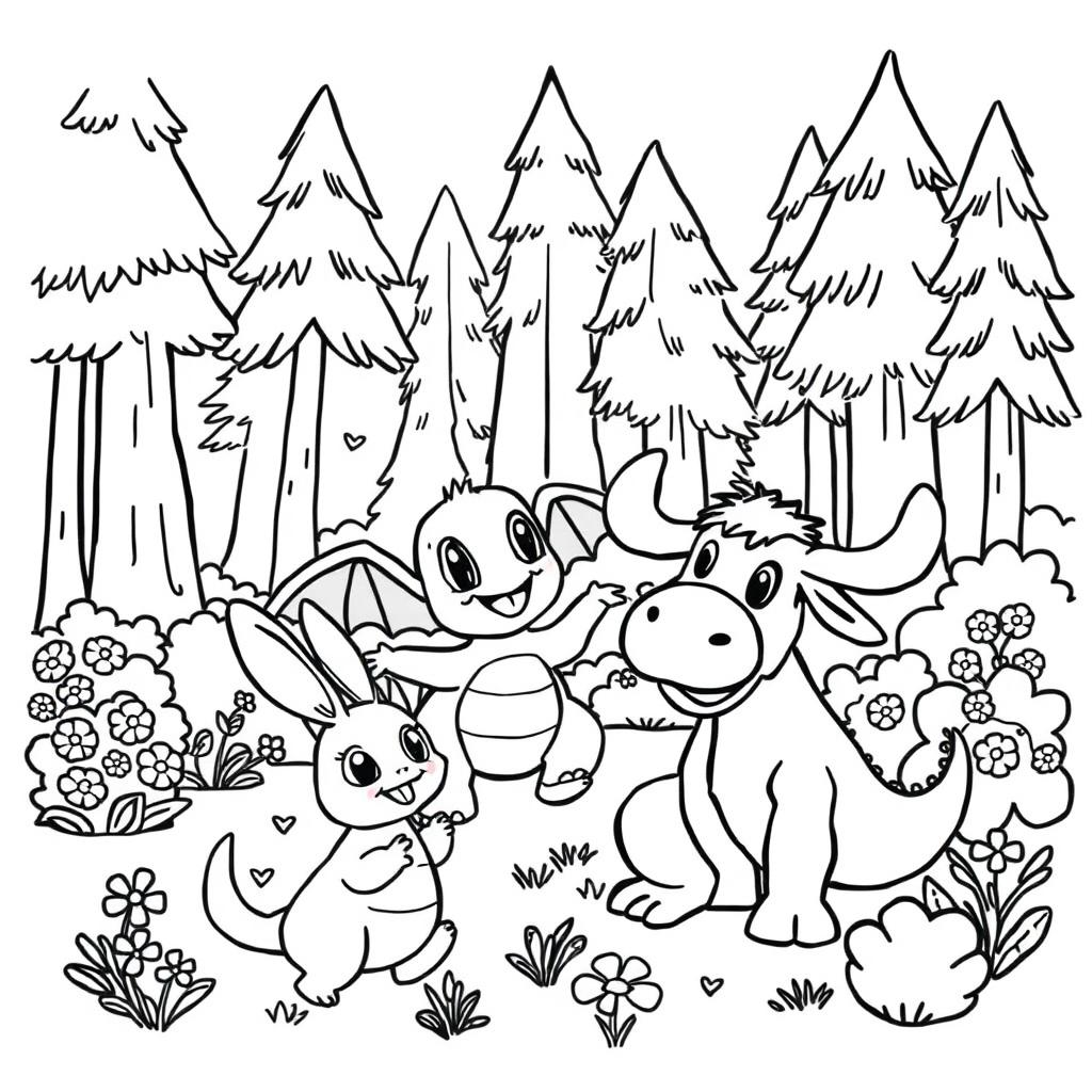 A whimsical coloring book illustration featuring a cute dragon playfully engaging with a rabbit, a Squirtle, and a moose in a lively forest setting