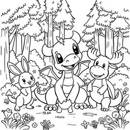 A whimsical coloring book illustration featuring a cute dragon playfully engaging with a rabbit, a Squirtle, and a moose in a lively forest setting