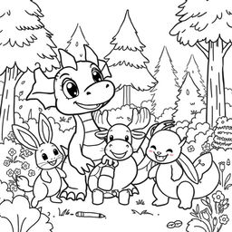 A whimsical coloring book illustration featuring a cute dragon playfully engaging with a rabbit, a Squirtle, and a moose in a lively forest setting