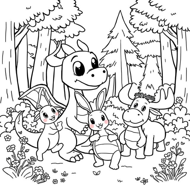 A whimsical coloring book illustration featuring a cute dragon playfully engaging with a rabbit, a Squirtle, and a moose in a lively forest setting