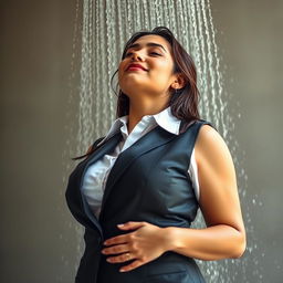 A voluptuous young woman, 19 years old, standing under a shower head, looking up with her eyes closed, enjoying the sensation of the water