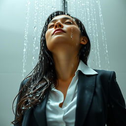 A voluptuous young woman, 19 years old, standing under a shower head, looking up with her eyes closed, enjoying the sensation of the water