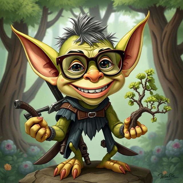 A whimsical, cartoonish goblin character with large, expressive eyes, wearing glasses and a cheeky smile