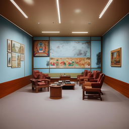 Modify the chief's office with a Nepali theme to have more wall pictures and the chief's chair facing forward. Remove unnecessary chairs and include a sofa setup suitable for small conferences. Maintain the light blue color scheme with its various tints and tones.