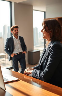 A romantic office scene depicting a confident, middle-aged boss, a woman with medium-length brunette hair, wearing a stylish navy blue suit